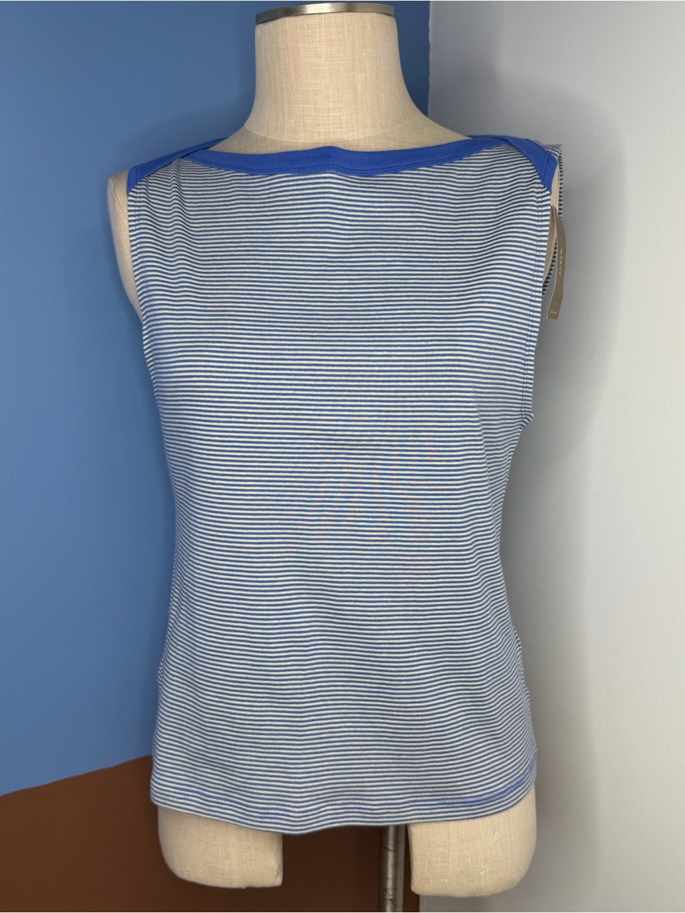J crew Perfect-fit boatneck tank top in blue stripe size large NWT